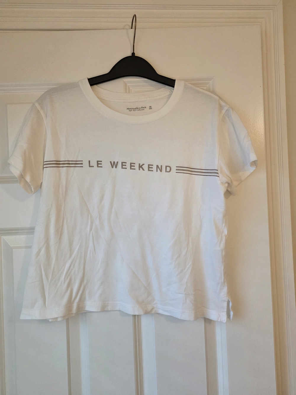 Abercrombie & Fitch White 'Le Weekend' Graphic Tee with Taupe Stripes